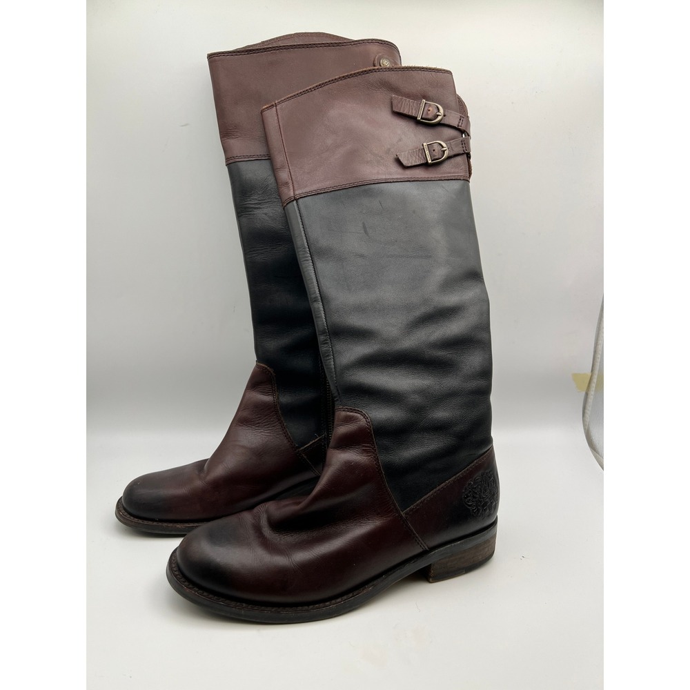 Vince Camuto Tri-Tone Leather Riding Boots Buckle Tall Equestrian Womens 7B/37